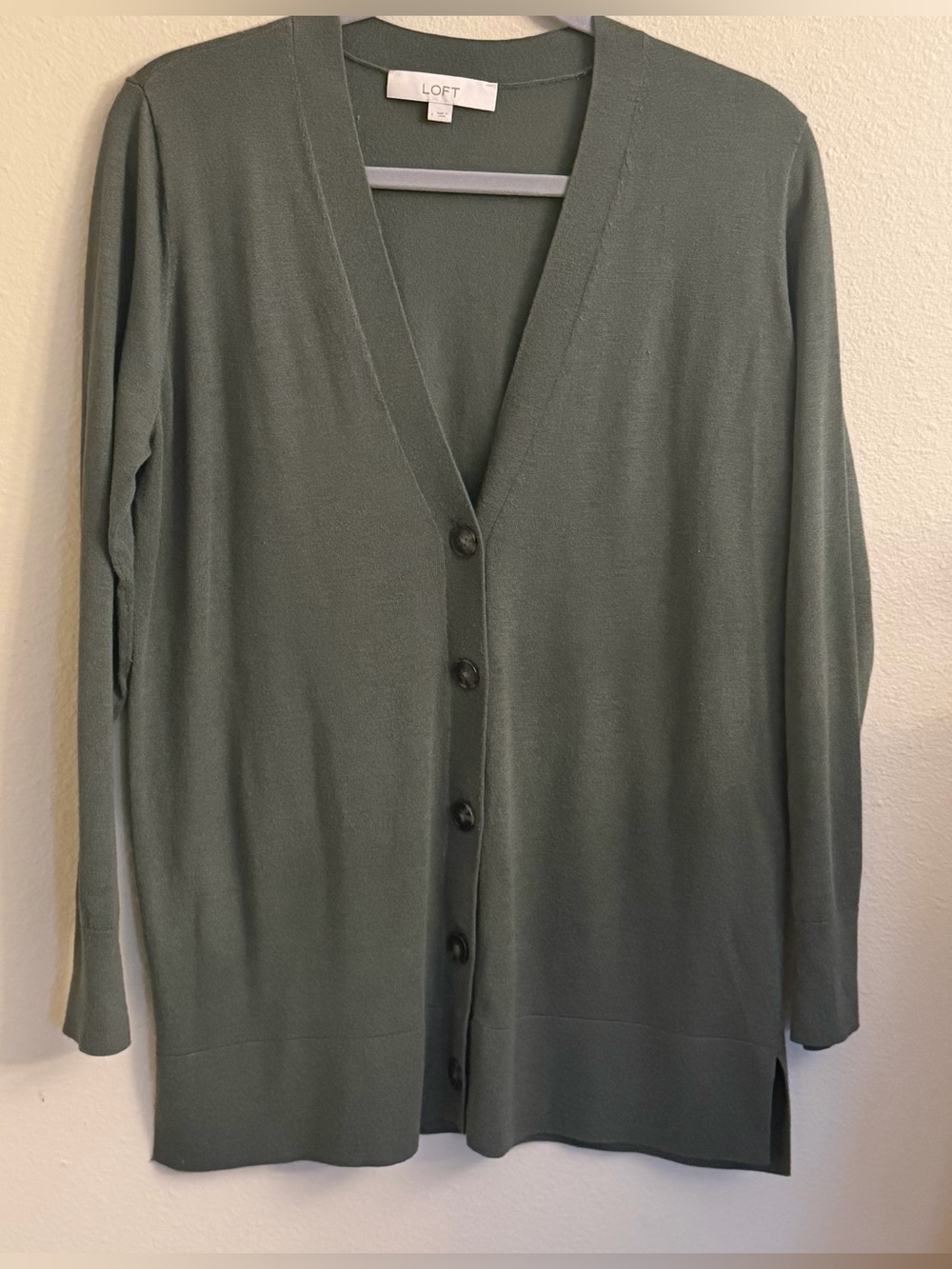 LOFT muted sage green long V-neck button cardigan
